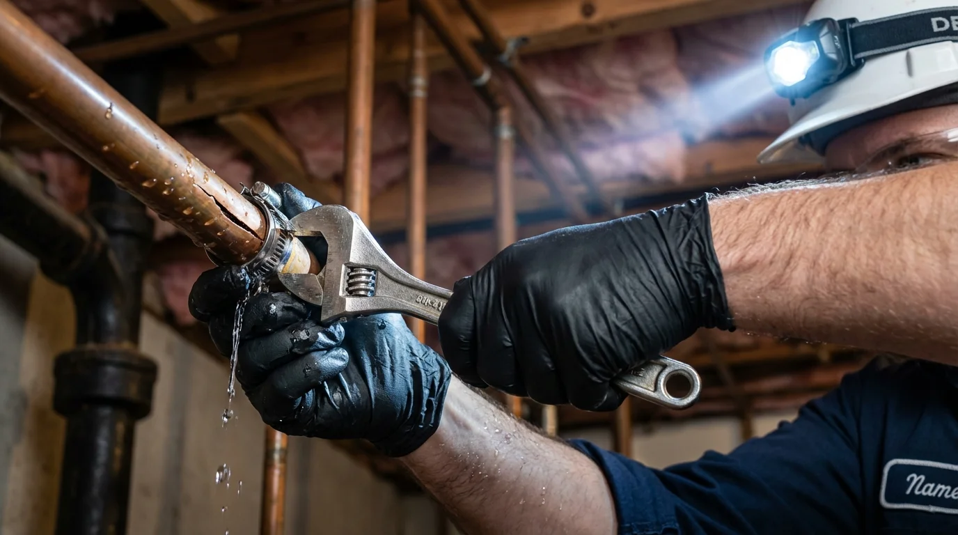 Emergency pipe clamp repair being performed by a Johns Plumbing LLC plumber in Ekalaka