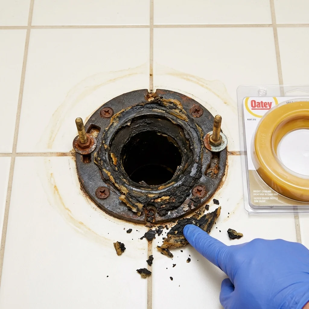 Failed wax ring showing water seepage at the base of a toilet in a Ekalaka, MT home