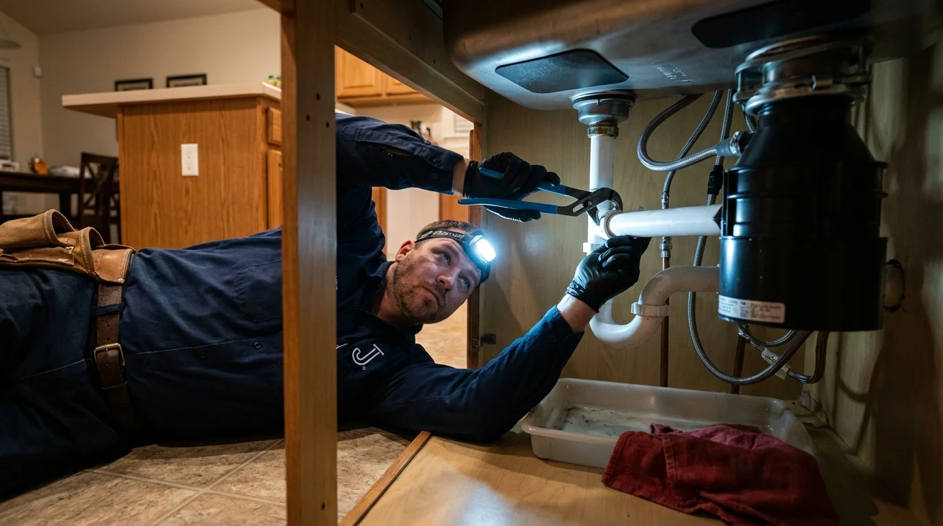 P-trap and supply line connections under a kitchen sink showing a common leak point in Ekalaka, MT